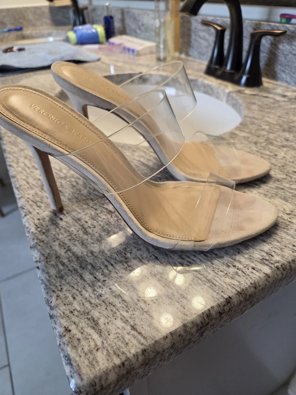 Veronica Beard Clear Strap Beige Suede Heel Sandals